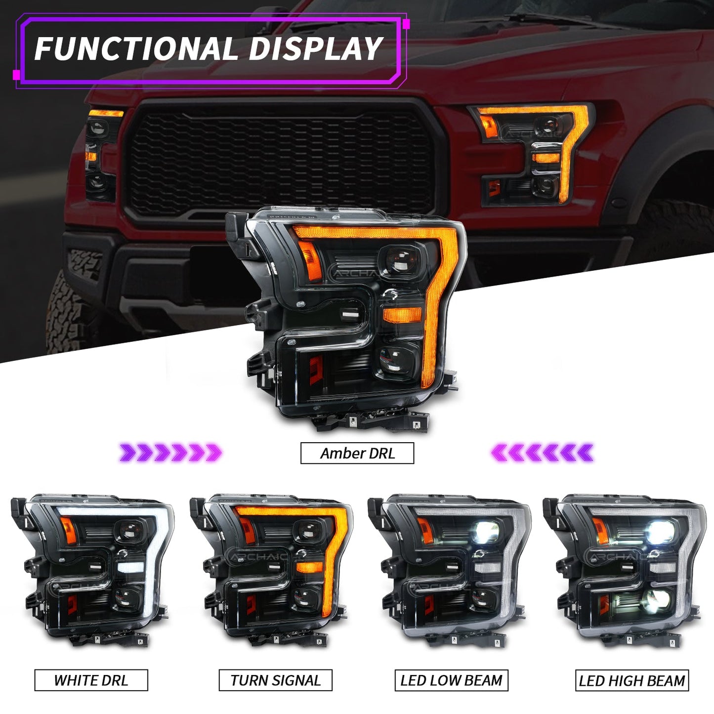 Full LED Headlights Assembly For Ford F-150 Raptor 2015-2020, F DRL Style 【On pre-sale, shipping next month】