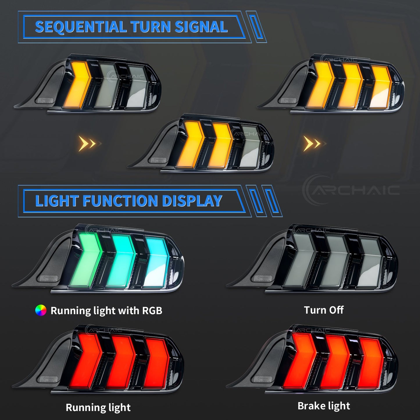 Tail Light Assembly for 2015-2023 Ford Mustang Shelby GT350 GT500 Amber Turn Signal RGB Style