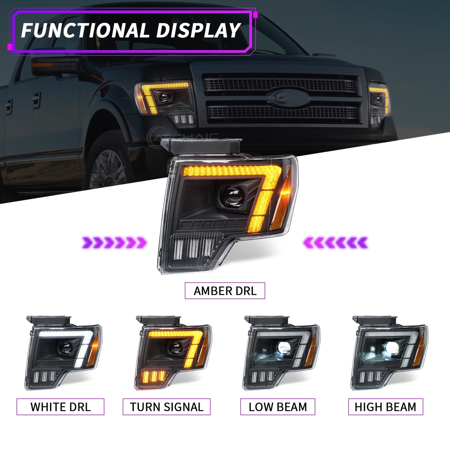 LED Headlights with Dual Lenses for 2009-2014 Ford F150 FX2, FX4, King Ranch, Lariat, Limited, Platinum, STX, SVT Raptor, XL, XLT, Lariat Limited