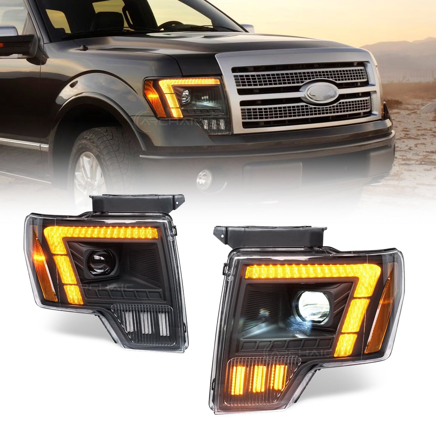 LED Headlights with Dual Lenses for 2009-2014 Ford F150 FX2, FX4, King Ranch, Lariat, Limited, Platinum, STX, SVT Raptor, XL, XLT, Lariat Limited