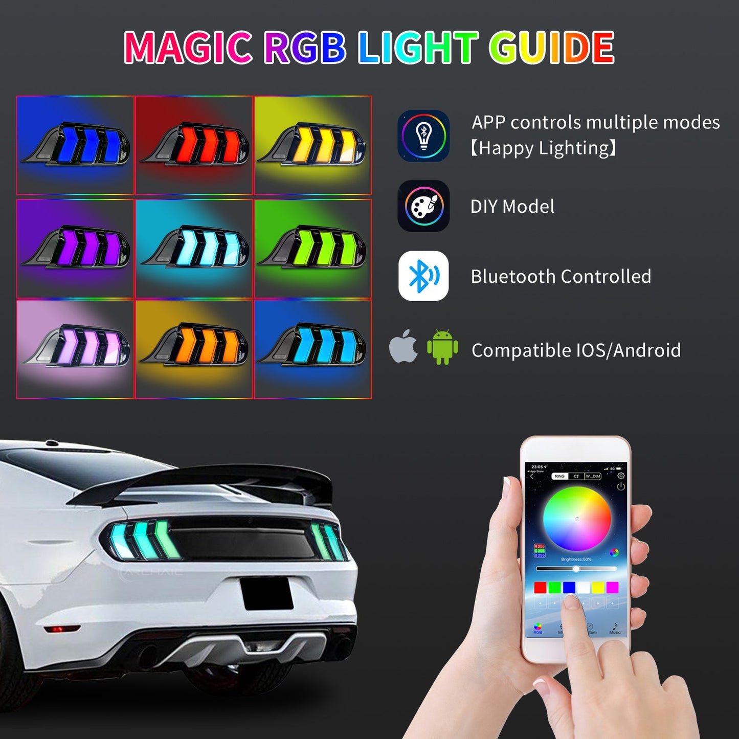 Tail Light Assembly for 2015-2023 Ford Mustang Shelby GT350 GT500 Amber Turn Signal RGB Style