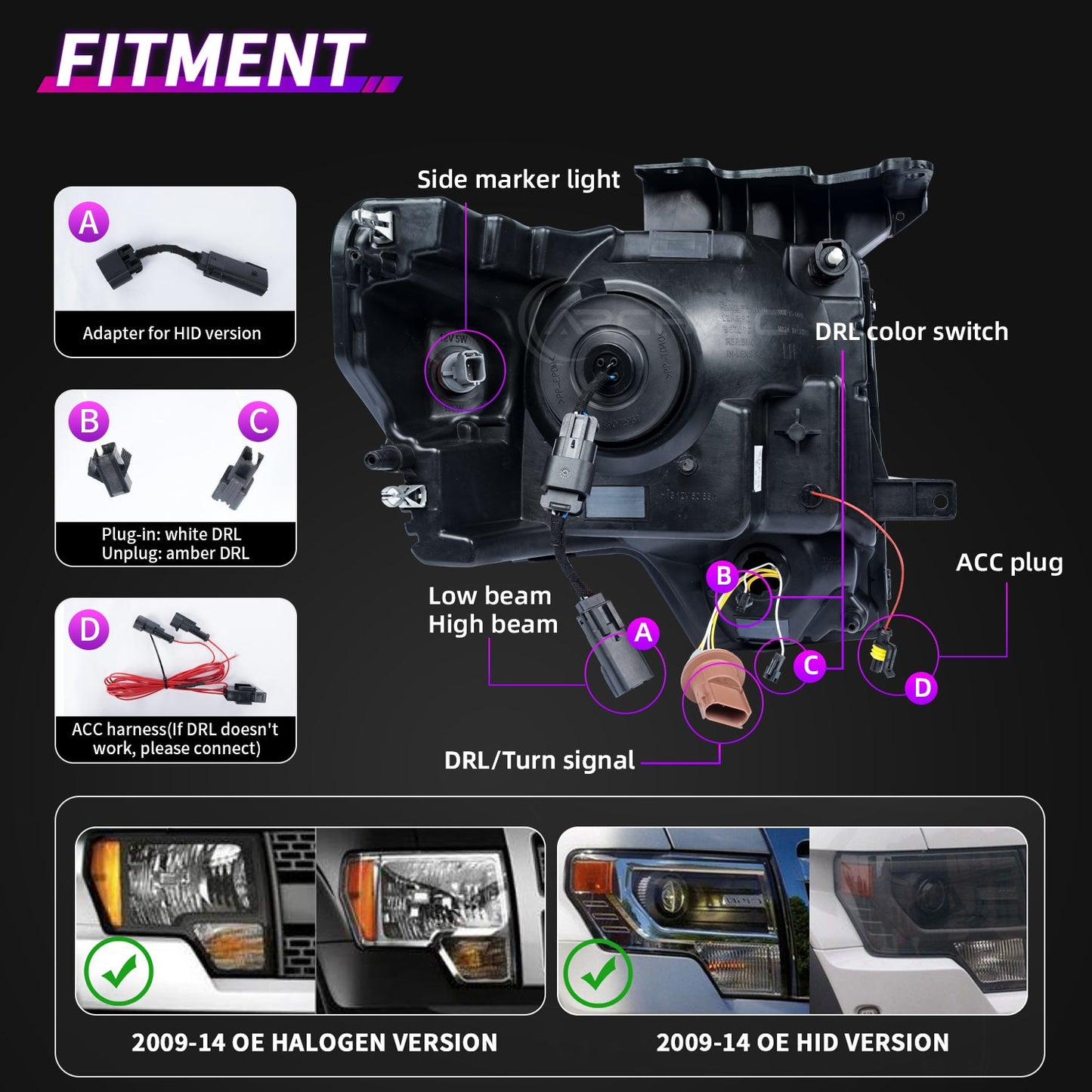 LED Headlights with Dual Lenses for 2009-2014 Ford F150 FX2, FX4, King Ranch, Lariat, Limited, Platinum, STX, SVT Raptor, XL, XLT, Lariat Limited
