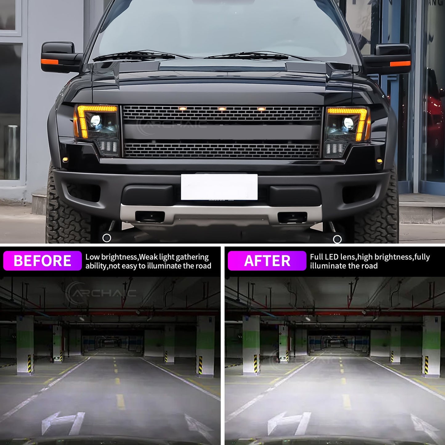 LED Headlights with Dual Lenses for 2009-2014 Ford F150 FX2, FX4, King Ranch, Lariat, Limited, Platinum, STX, SVT Raptor, XL, XLT, Lariat Limited