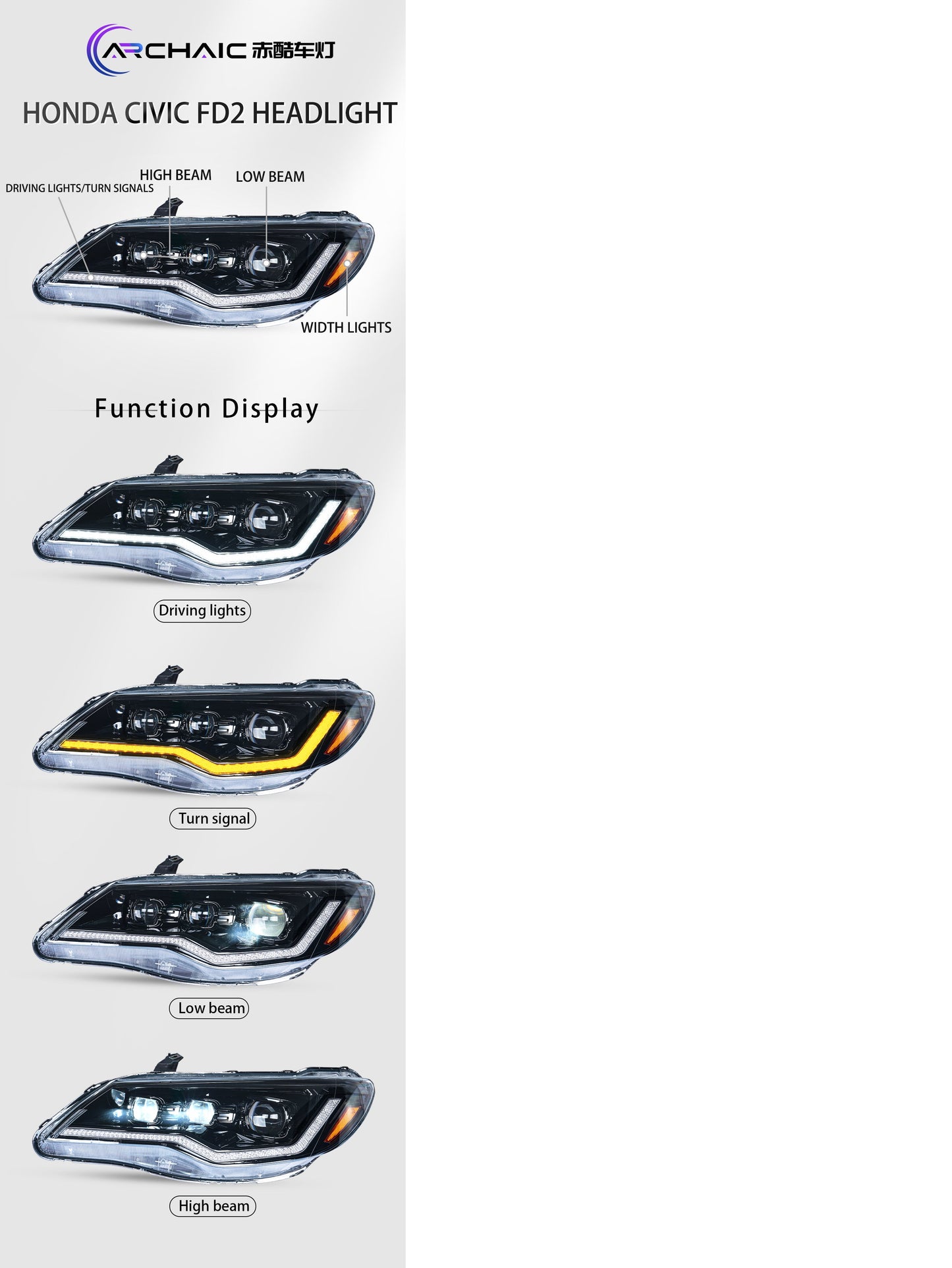 Archaic Honda Civic FD Headlights for Civic FD1, FD2 type-R (2006-2012)(LHD/ RHD)