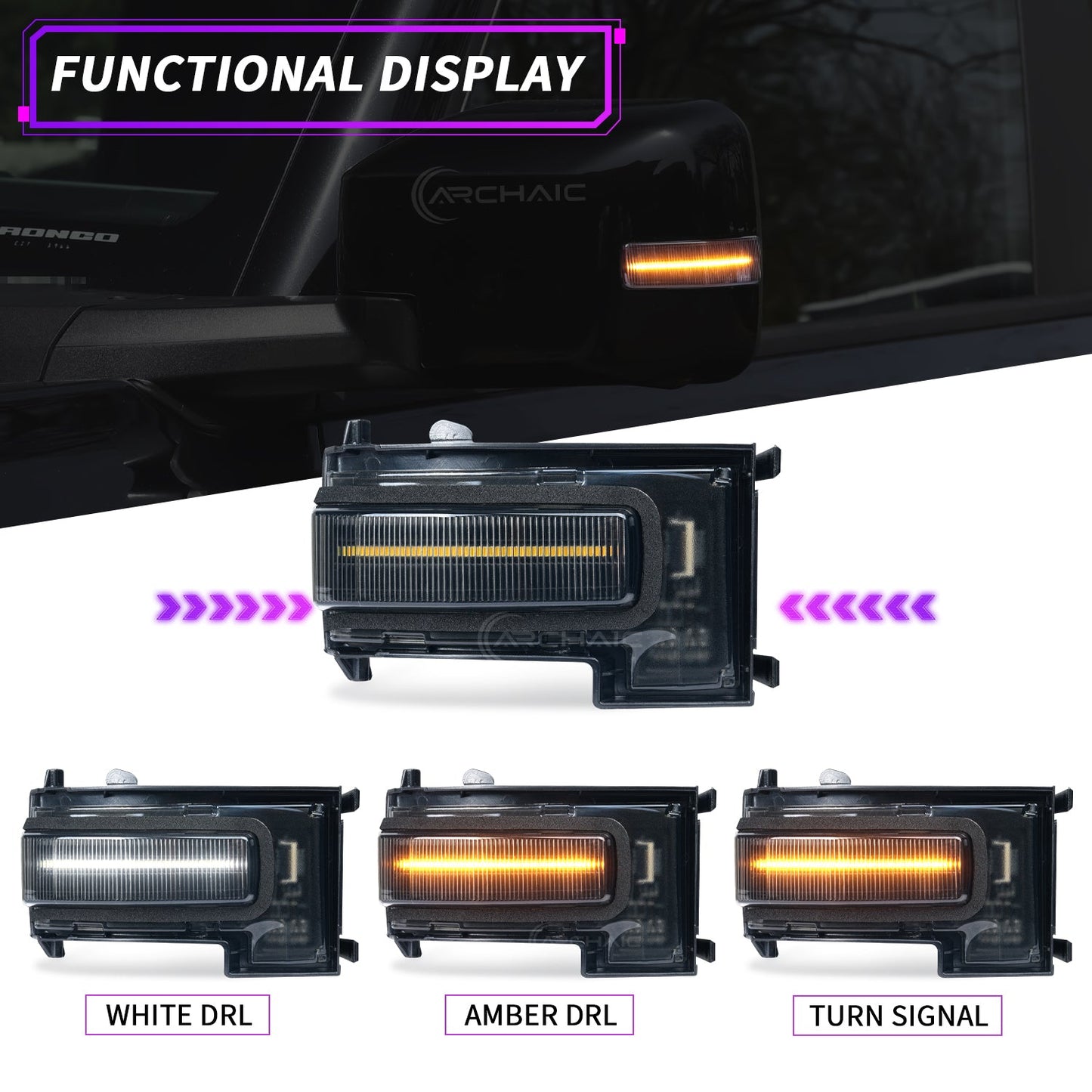 LED Mirror Lights for 2021-2025 Ford Bronco 2/4 Door,Warning Lamp w Animation